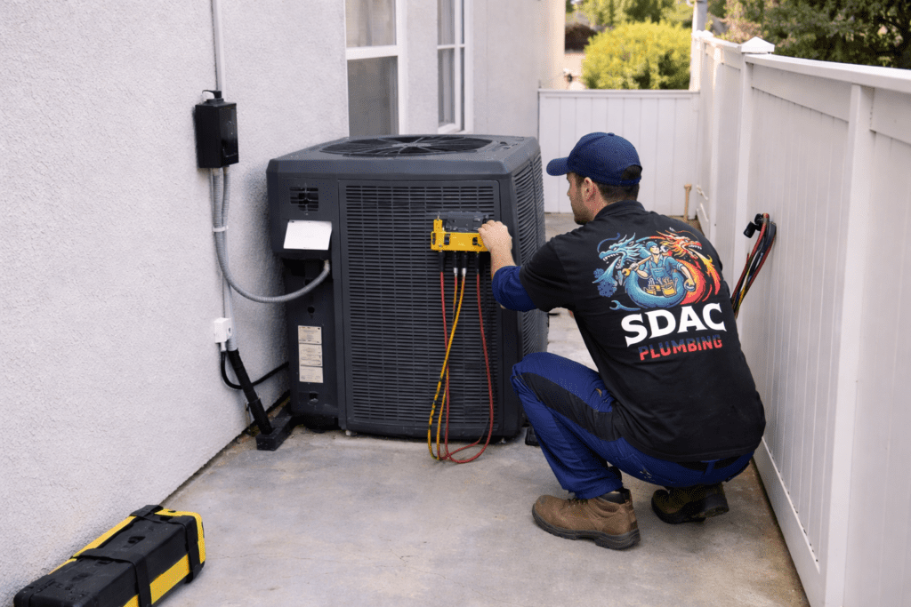 Plumbing technician servicing a residential HVAC unit.