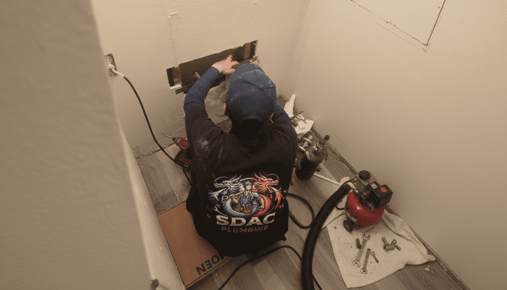 Plumber repairing pipes inside a wall during residential plumbing service.