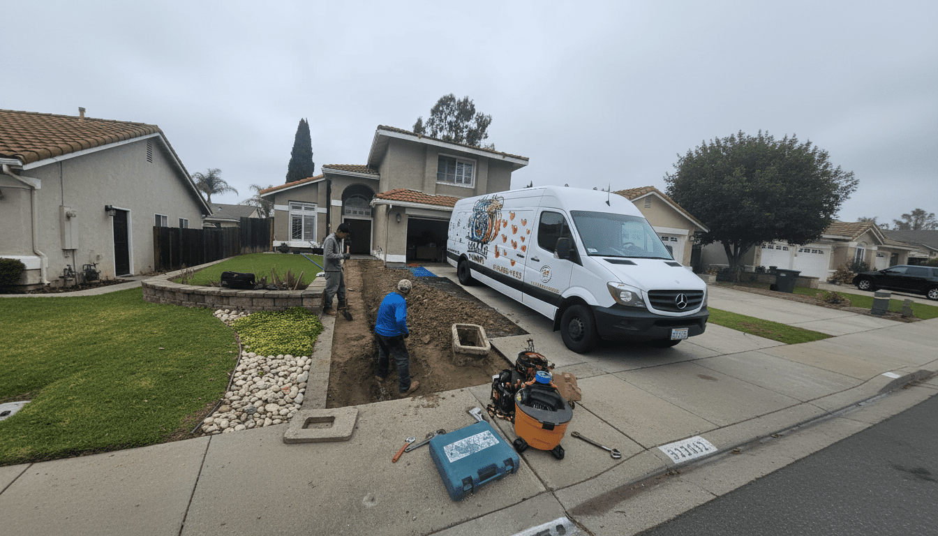 Licensed plumbers performing main line reroute in a residential home.