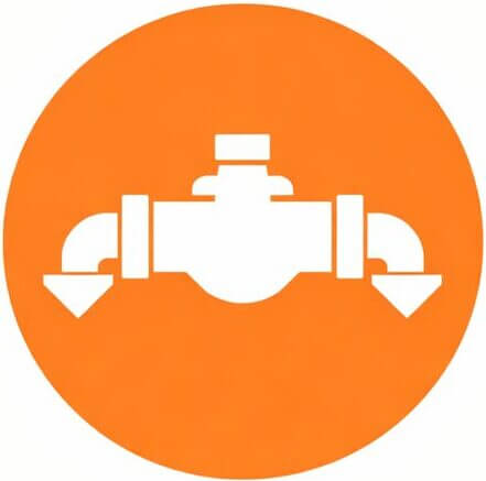 A white backflow prevention assembly valve icon inside an orange circle vector graphic representing certified municipal water testing services.