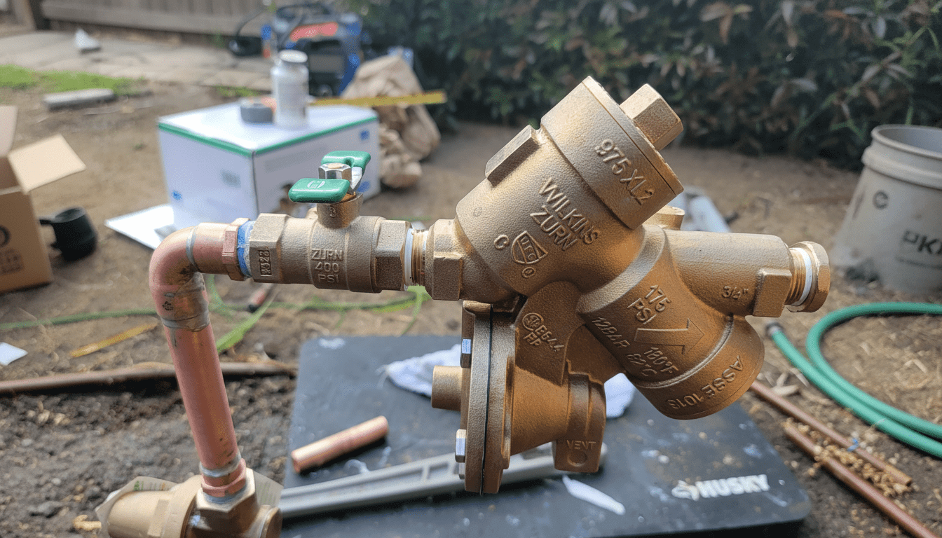 A licensed SDAC Plumbing technician installs a brand new Zurn Wilkins 975XL2 reduced pressure principle backflow preventer assembly on residential copper water lines in San Diego.