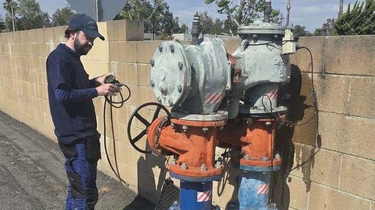An SDAC Plumbing technician stands next to a large, industrial backflow preventer assembly by a cinder block wall, holding diagnostic testing equipment.
