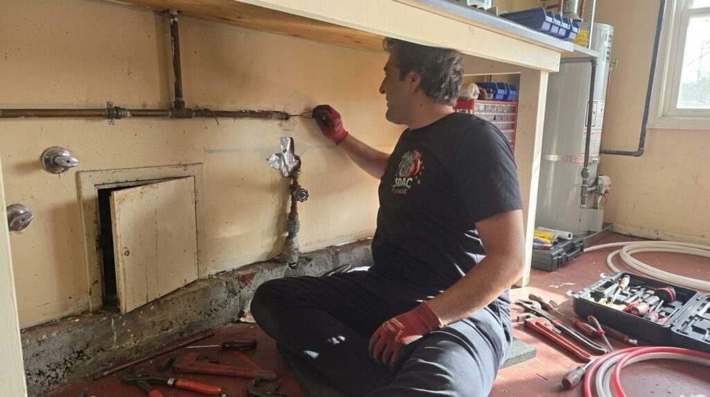 A plumber in an SDAC t-shirt sits on the floor underneath a wooden workbench structure, examining a copper pipe system with specialized tools during a residential service call.