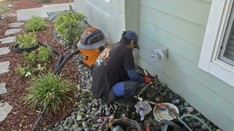 SDAC Plumbing technician repairing an outdoor residential plumbing pipe line in Poway CA