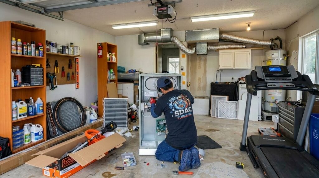 An SDAC Plumbing technician in a branded uniform services a central heating and air conditioning furnace system inside a residential San Diego garage.