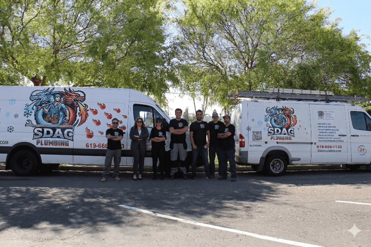The professional service crew of SDAC Plumbing standing proudly in uniform alongside their fully equipped local plumbing service vans in San Diego.