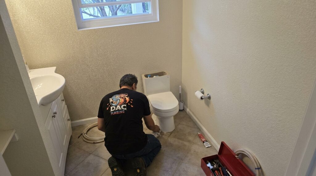 A professional plumber from SDAC Plumbing installs a modern white residential toilet fixture in a clean home bathroom.