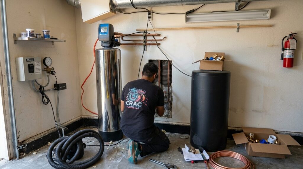 An SDAC Plumbing specialist repairs copper piping infrastructure next to a large stainless steel home water filtration system inside a local garage.
